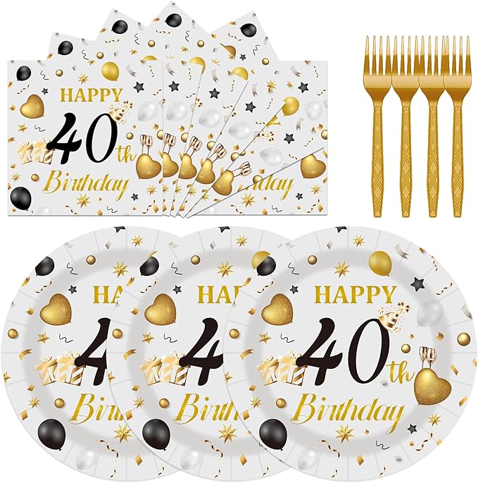 75PCS 40th Happy Birthday Plates and Napkins Party Decorations, 7 Inch Premium Grey and Gold Birthday Paper Dessert Cake Plates and Napkins Disposable Tableware Set Party Supplies for Women Men
