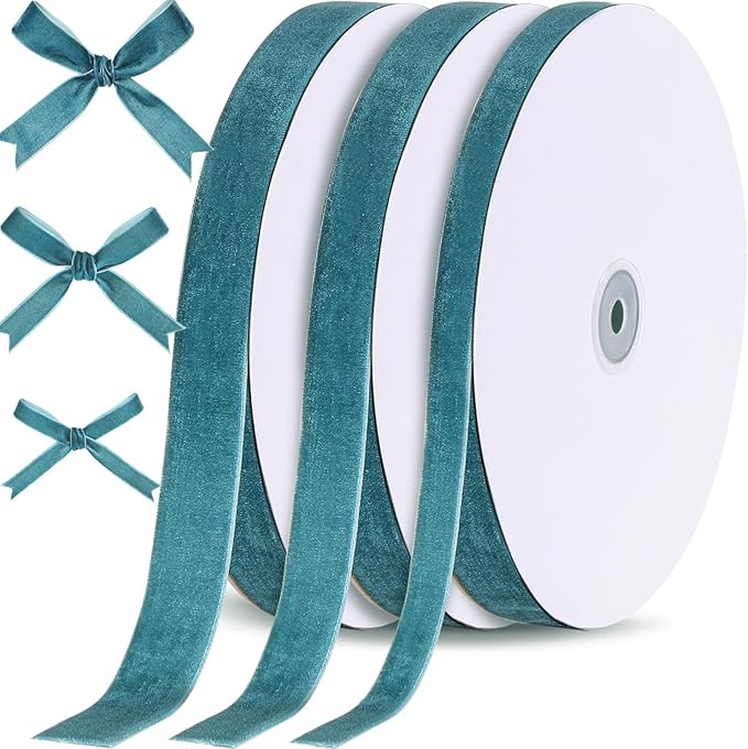 Yilloog 3/8'' 5/8'' 1'' 90 Yards Christmas Velvet Ribbon Vintage Satin Fabric Velvet Ribbon Roll for Christmas Tree Ornaments Decoration Gift Wrapping Bow DIY Crafts (Teal Blue)
