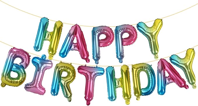 LIOZEOKUN Happy Birthday Balloon Letters 16 inch Mylar Foil Birthday Balloons Banner Sign for Birthday Party Decorations Supplies (Rainbow)