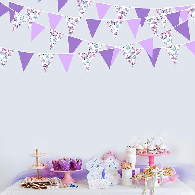 32Ft Pink Purple Butterfly Triangle Flag Fabric Banner Pennant Garland Streamer for Birthday Wedding Baby Shower Lavender Mermaid Girls Tea Party Decor