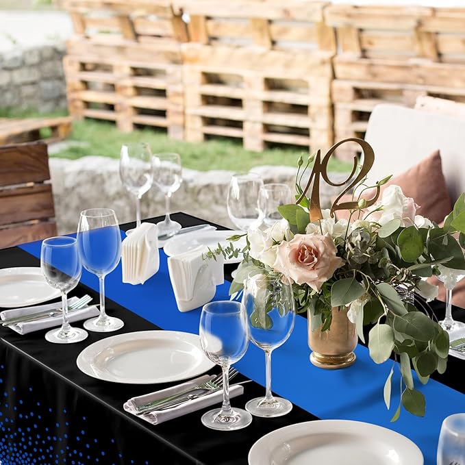 MASHAN 6Pcs Black and Blue Tablecloth Party Decorations,Plastic Black Table Cloth Printed Blue Runner Disposable Rectangle Table Cover for Birthday Wedding Anniversary Graduation Party,54 x108 Inch