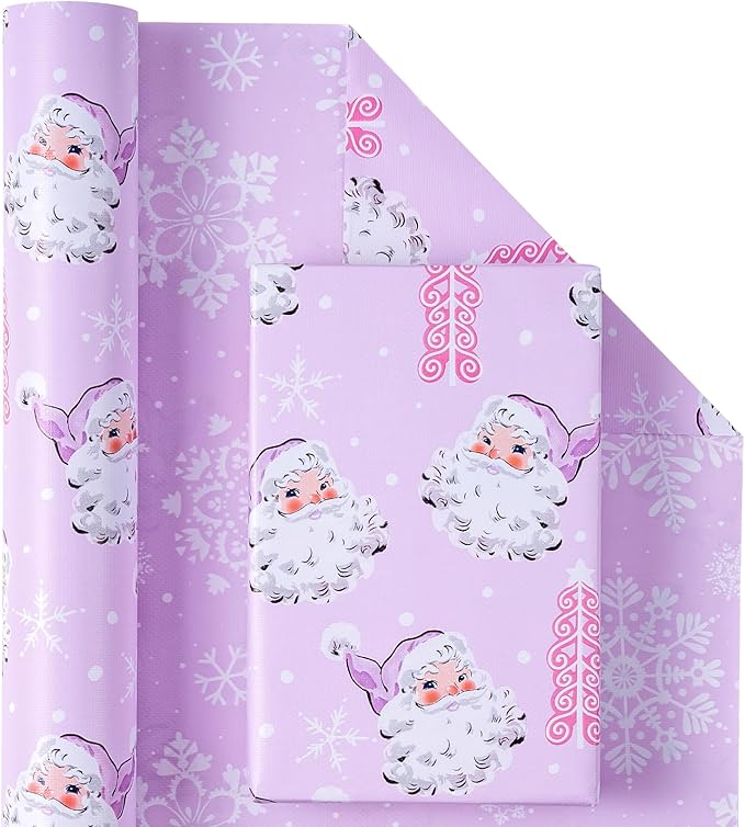 WRAPAHOLIC Reversible Christmas Wrapping Paper - Mini Roll - 17 Inch x 33 Feet - Purple Santa Claus and Snowflake with Embossed for Christmas, Holiday, Party Celebration