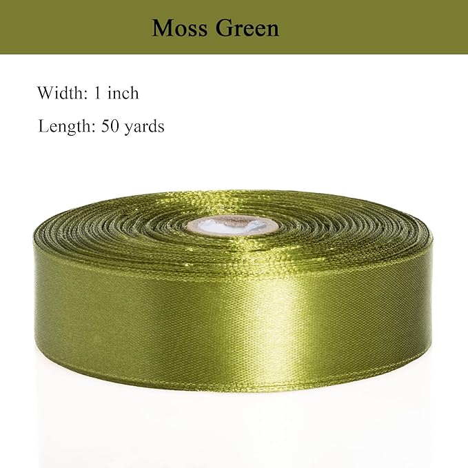 1 Inch Moss Green Solid Satin Ribbon, 50 Yards Craft Fabric Ribbon for Gift Wrapping Floral Bouquets Wedding Party Decoration