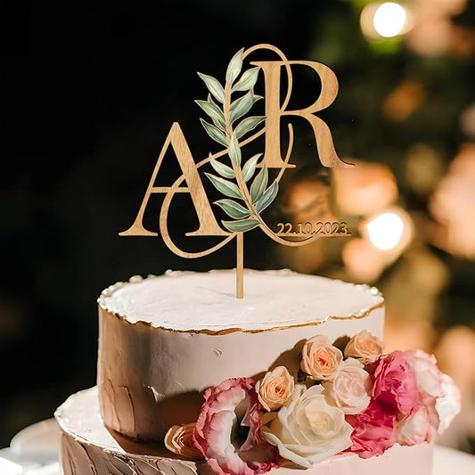 Personalized Wedding Cake Topper in Wood Custom Bride and Groom Initial Cake Topper Cake Decoration (Green Leaves)