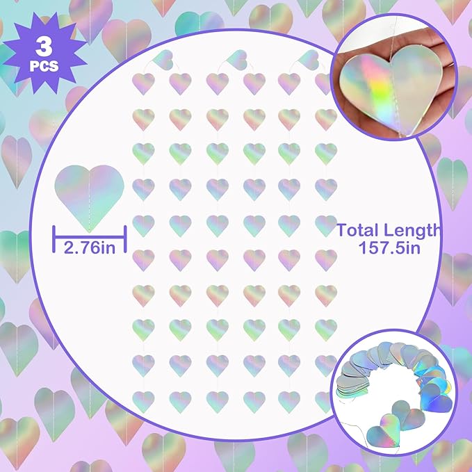 8 PCS Iridescent Disco-Holographic Party Decorations - Love-Heart Garland Streamers Banner, Disposable Laser Tablecloth, Tinsel Foil Fringe Curtains | Birthday, Bachelorette, Engagement, 90s, 80s