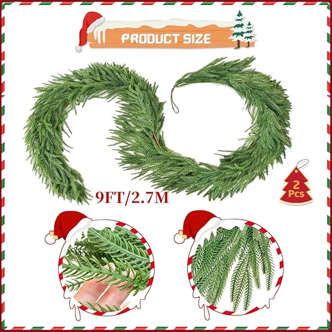 2 Pack Christmas Garland, Real Touch Artificial Norfolk Pine Garland - Realistic PE Greenery for Mantle, Fireplace, Stairs, Indoor Outdoor Holiday Decor (Christmas Garland 9FT)