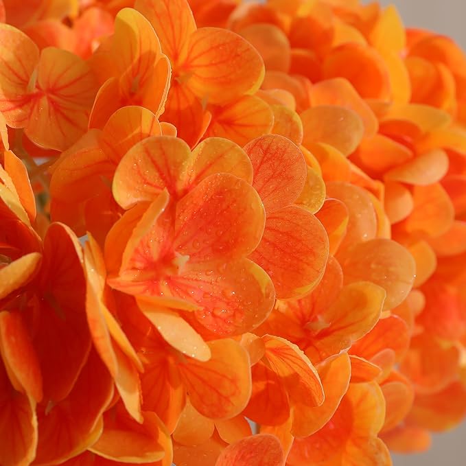Tifuly Fake Hydrangea Artificial Flowers with Vase 4pcs Real Touch Faux Hydrangea and 3pcs Eucalyptus Stems for Wedding Centerpiece Home Party Table Decoration（Orange）