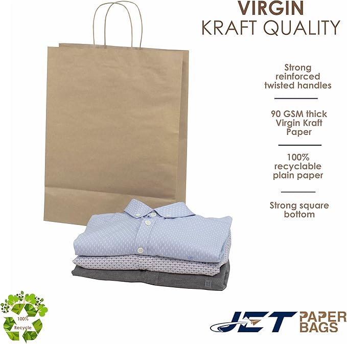 JET PAPER BAGS - 13”x7”x17” Inch [250 Pcs] Large Brown Paper Bags with Handles Prime for Takeout, Grocery, Goody, Retail, Party, Gifts, Weddings