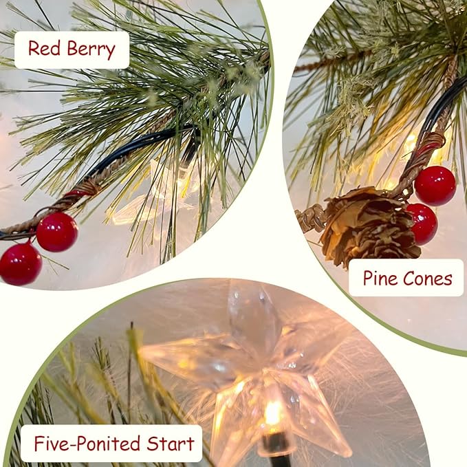 6ft Christmas Smokey Pine Garland with Lights and Stars,Battery Operated Garland with Timer,Christmas Decorations for Fireplace Home Stair Railing Outdoor Holiday Decor