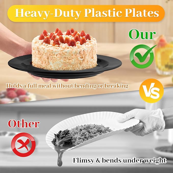 MENDENG 50PCS Black Plastic Plates for Party, 25x10.25 Dinner Plates & 25x7.5 Dessert Plates, Heavy Duty Disposable Plastic Plates for Party Halloween Picnic BBQ