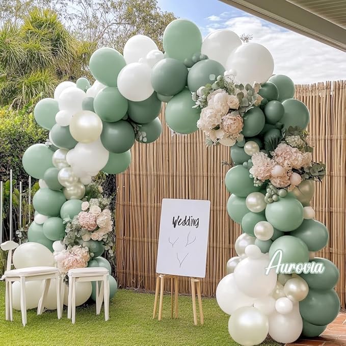 Green White Balloon Garland Double Stuffed Dusty Sage Green White Sand Pearl Balloons Pastel Neutral Balloon Arch Kit for Baby Shower Birthday Wedding Christmas Party Decorations