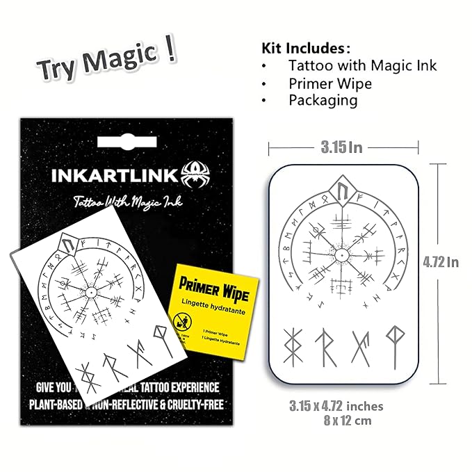 INKARTLINK Semi-permanent Tattoo, Fake Palm Tattoo, Suitable for Men and Women, Realistic, Waterproof and Cruelty-free (Viking Symbol Compass)