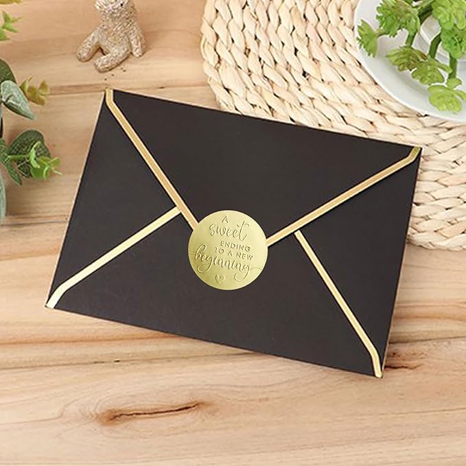100 x A Sweet Ending to a New Beginning Stickers – Embossed Gold Foil Labels – Wedding & Graduation Favor Stickers for Candy or Gift Bags – Elegant Party Seals, 1.6 Inch
