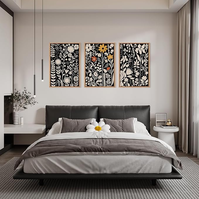 HOURIA Large Moody Boho Floral Framed Canvas Wall Art Set,Mid Century Black Flower Leaf Wall Decor,Retro Dark Wildflower Artwork,Minimalist Botanical Art Print for Living Room,Bedroom,Office-16"x24"x3