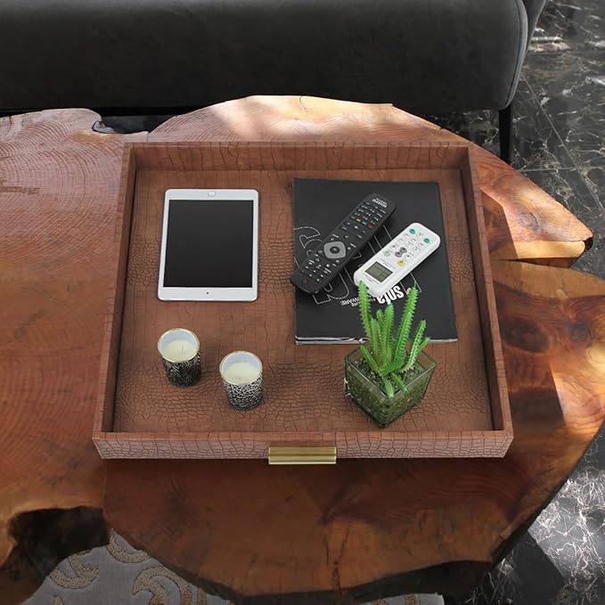 HofferRuffer Elegant Decorative Serving Tray, 20"x20" Square Faux Leather Ottoman Tray with Gold Hardware Handles, Coffee Table Serve Tea Coffee or Breakfast (Antique Brown)