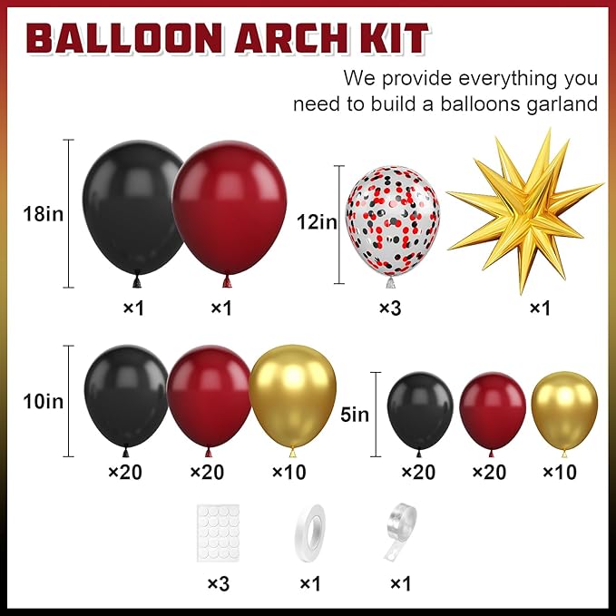 Burgundy Balloon Arch Kit, Black Red Gold Balloon Garland with Star Foil Balloons for Graduation Grad Celebrations Anniversary Wedding Decorations