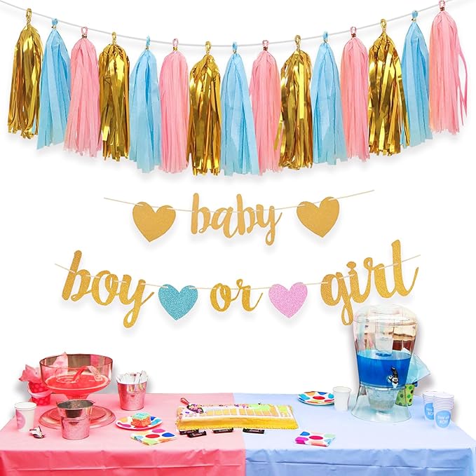 Baby Gender Reveal Decorations - Glitter Letters Baby and Boy or Girl with Hearts Banner, Tissue Paper Tassels Garland Set for Gender Reveal Party Decorations