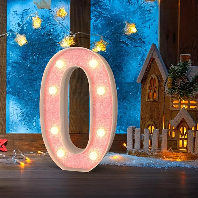 Marquee Light up Numbers 0-9, Battery Powered LED Light, Pink Glitter Plastic Sign, Night Light Decor for Graduation, Engagement, Wedding, Baby Shower, Birthday (Number 0)
