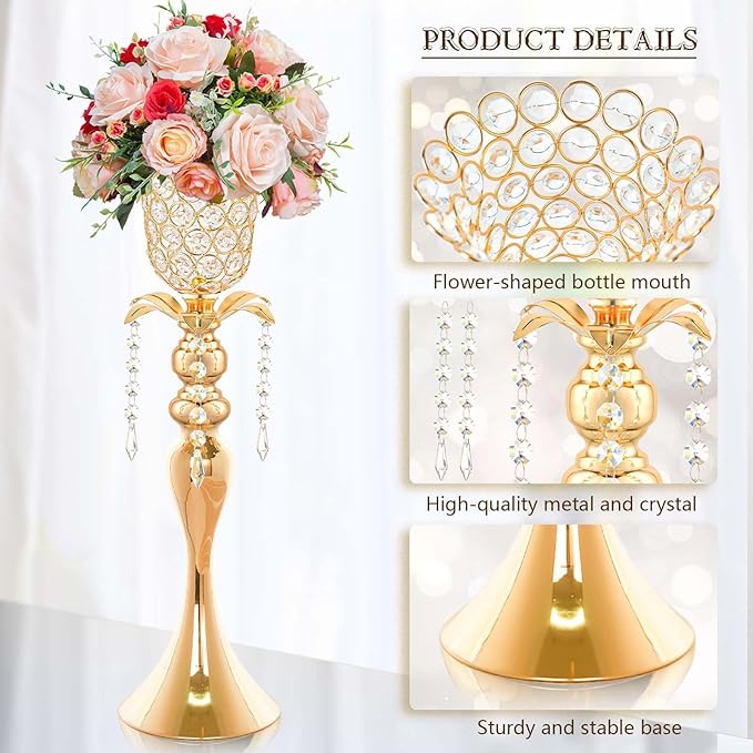 6Pcs Gold Crystal Metal Vase Set - Tulip & Trumpet Wedding Centerpieces, Artificial Flower Arrangement Vases Bulk for Home Decor, Restaurant Table Displays