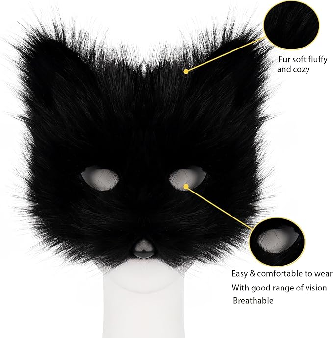 Adolala Faux Fur Fox Tail Cat Wolf Set Plush Mask Fluffy Paw Gloves Halloween Christmas Party for Women