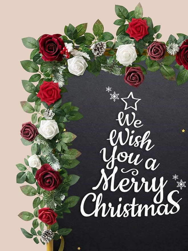 Christmas Artificial Flowers Red Burgundy Roses Bouquet for DIY Xmas Wreath Bridal Wedding Shower Decorations Party Table Centerpieces Fake Floral Arrangement Home Decor Indoor