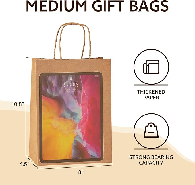 YEEHAW Brown Paper Bags with Handles Bulk 8"x4.5"x10.8" 50Pcs Gift Bags Medium Size, Brown Gift Bags with Handles, Gift Bag Bulk, Retail, Party, Shopping, Merchandise