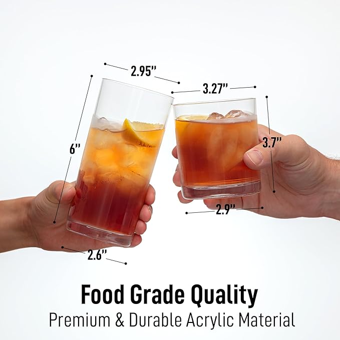 Zulay Kitchen Acrylic Plastic Glasses Drinkware - 16 Piece Unbreakable Drinking Glasses - BPA-Free, Reusable Plastic Tumblers for Home & Outdoors - Stackable, Lead-Free & Dishwasher Safe - (12&16oz)