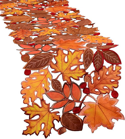 Simhomsen Embroidered Fall Leaves Table Runner for Thanksgiving, Autumn Harvest Decorations (14 × 34 inches)