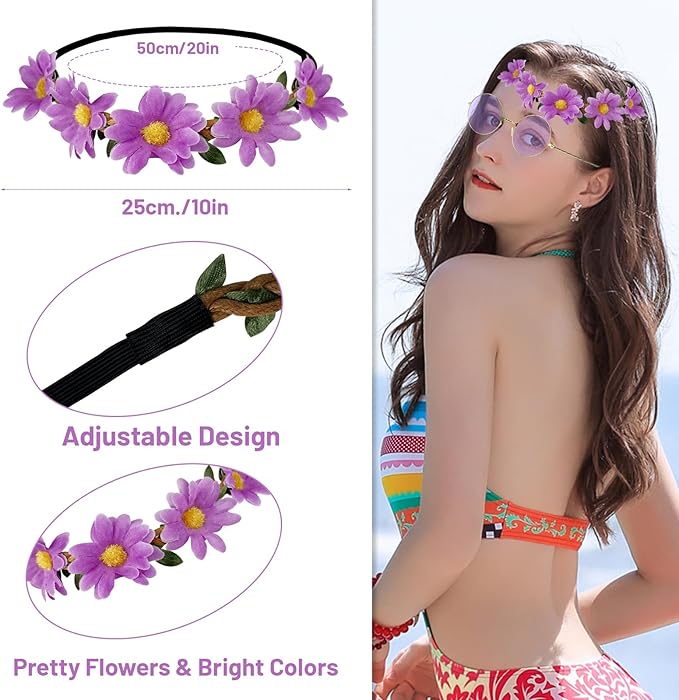 Hippie Costume Set Includes Peace Sign Necklace and Earring, Flower Crown Headband and Sunglasses 60s 70s Party Accessories