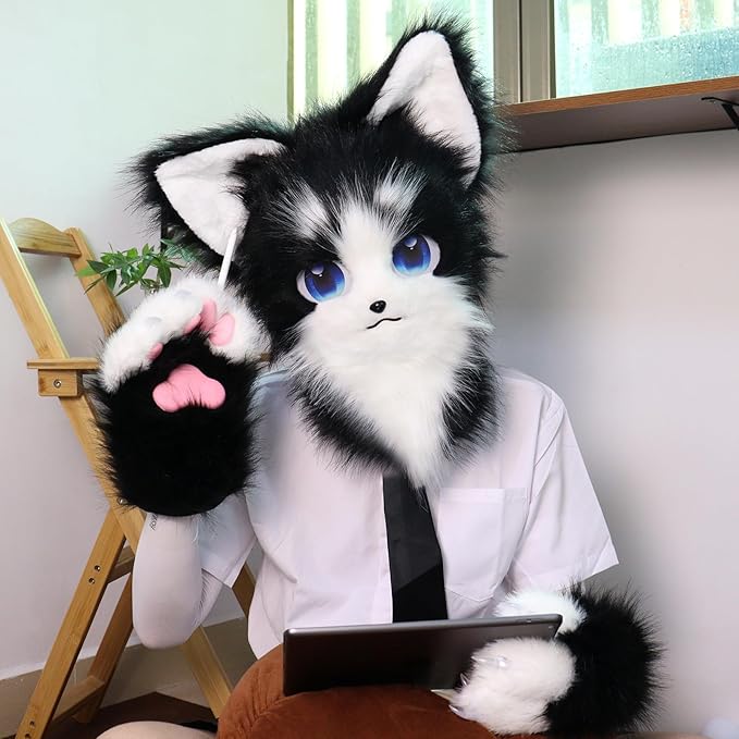 HAOAN Animal Furry Fursuit Head Mask Plush Cat Fox Mask Costume Props for Halloween Party