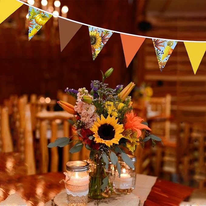 32Ft Orange Yellow Brown Banner Pumpkin Triangle Flag Fabric Pennant Garland Bunting for Happy Fall Decor Thanksgiving Day Harvest Autumn Wedding Birthday Party Home Outdoor Garden Hanging Decoration
