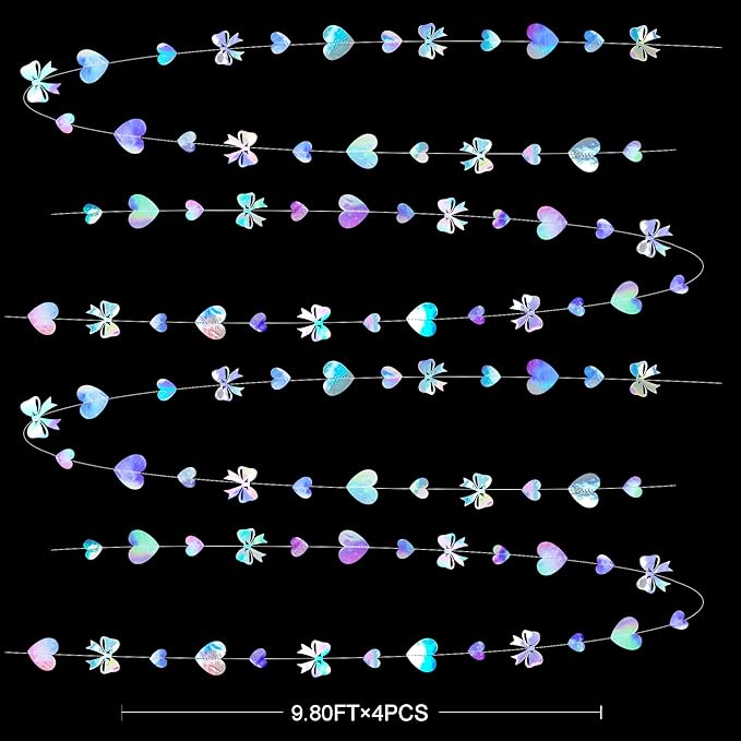 Iridescent Bow Decorations Holographic Paper Heart Bow Hanging Garland Streamer for Coquette Bachelorette Birthday Valentines Wedding Bridal Shower Engagement Anniversary Party Decorations Supplies