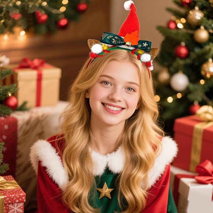 Christmas Unicorn Headband with Santa Hat Horn, Green Bow & Gold Bells - Festive Xmas Party Hair Accessories for Women, Christmas Cosplay Hairband,Holiday Festival Gift Supplies