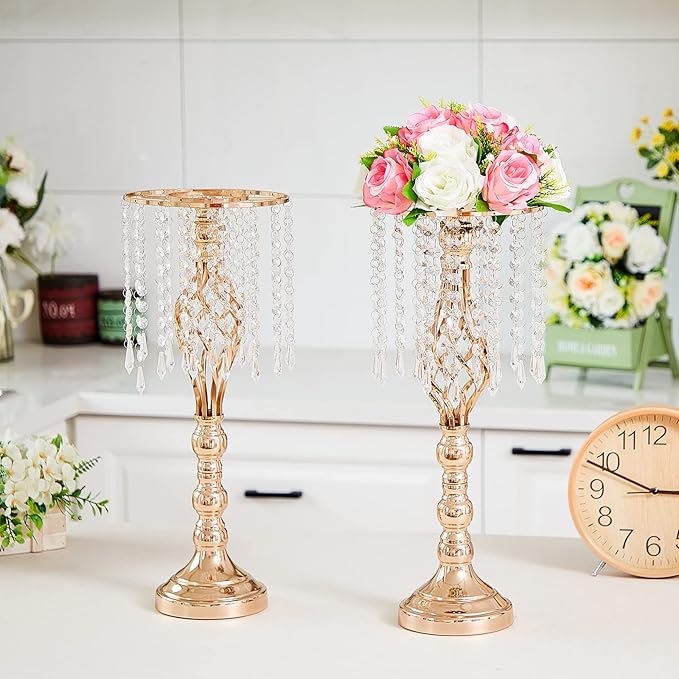 Amylove 10 Pcs Wedding Centerpieces Tall Vases - 21.7 Inch Gold Crystal Geometric Flower Stand, Elegant Table Decor for Wedding Reception, Party, Banquet, Hotel Decorations