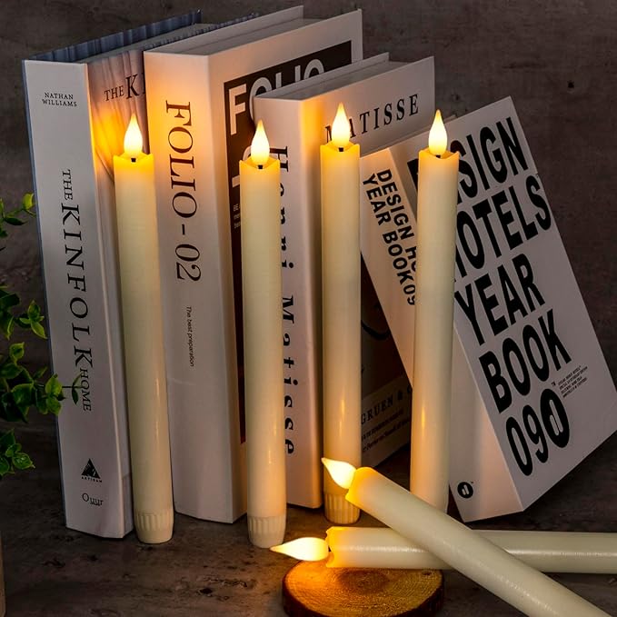 Homemory 12 Pcs Waxy Flameless Taper Candles with Remote, Flickering Battery Operated Taper Candles, Led Flameless Candlesticks Classic Tall Candle for Home, Wedding, Party, Ivory, 9.6 inches