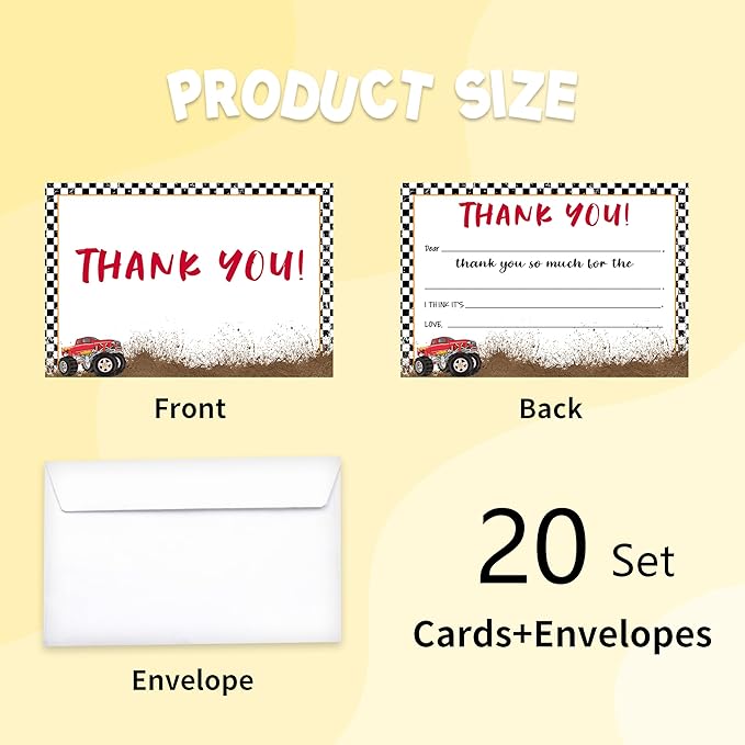 Kids Thank You Card, Truck Theme Thank You Notes, Racing Greeting Card With Envelope, Birthday Wedding Graduation Christmas Party Favors Supplies Decor(20 Pcs)-03