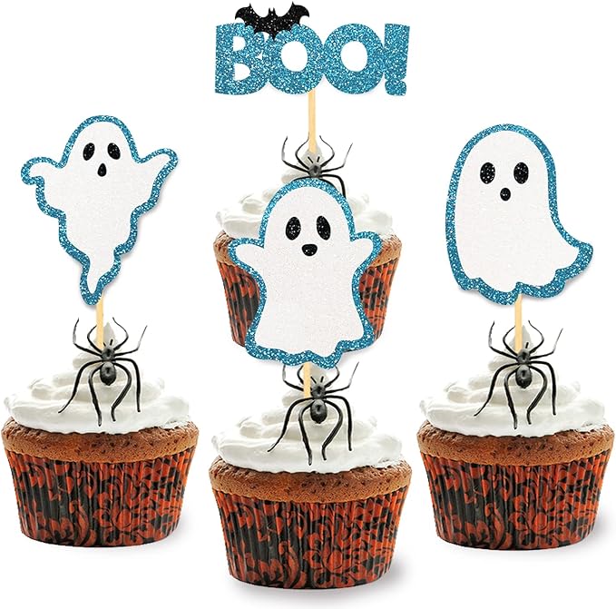 24 Pack Glitter Halloween Ghost Cupcake Toppers - Baby Shower Decor Gender Reveal Decorations (Blue)