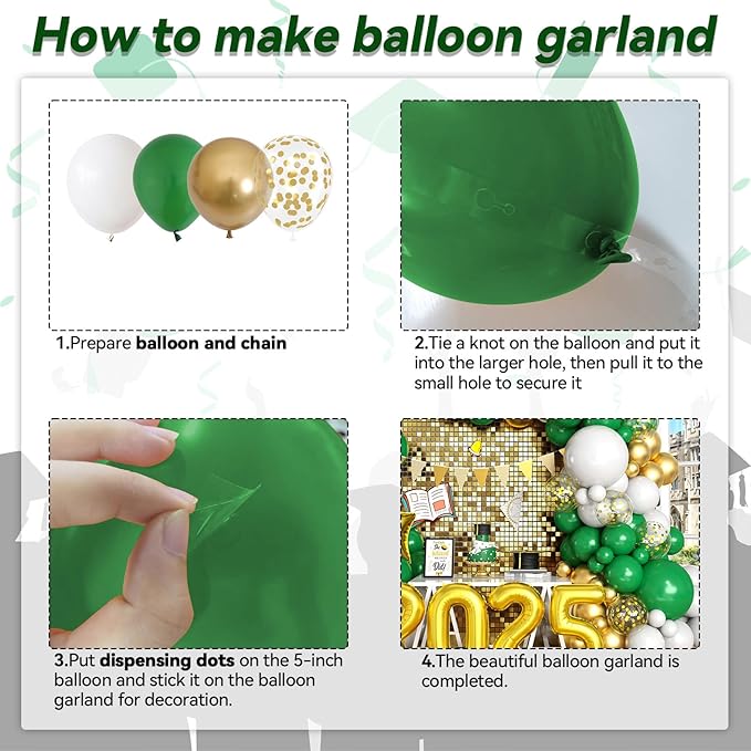 Green Gold White Balloons Arch Kit with Star Balloon Pennant Flag Bunting 2025 Foil Balloon Banner Green Gold Confetti Balloons Garland for Class of 2025 Graduation Theme Birthday Party Supplies