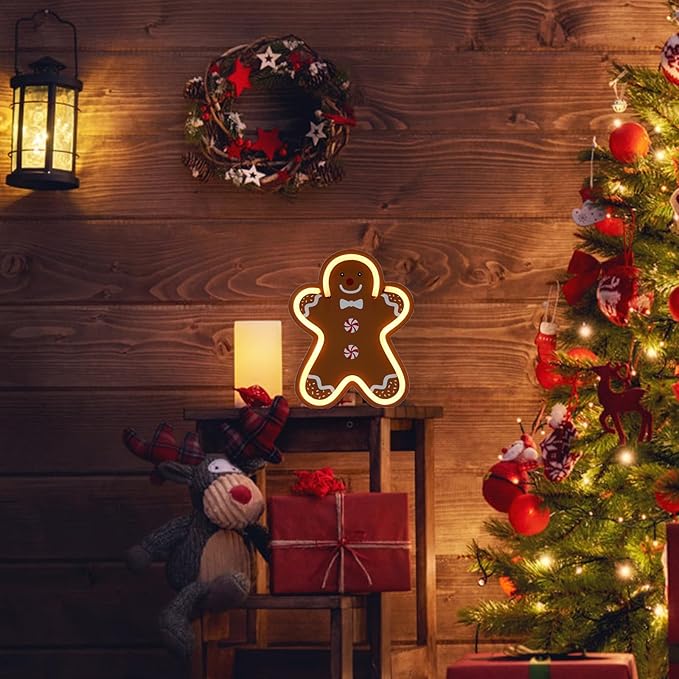 Gingerbread Christmas Decorations for Home LED Lighted Christmas Gingerbread Decor Farmhouse Wooden Tiered Tray Signs Rustic Holiday Table Sign Kitchen Xmas Party Mantel Gift Winter
