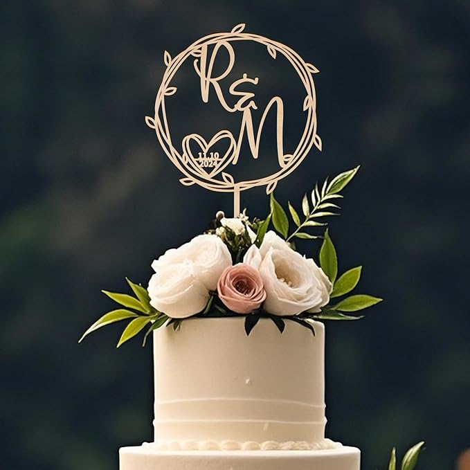 Wedding Cake Topper Personalized Bride and Groom's Initials and date Custom Cake Decoration Leaf Wreath in Wood