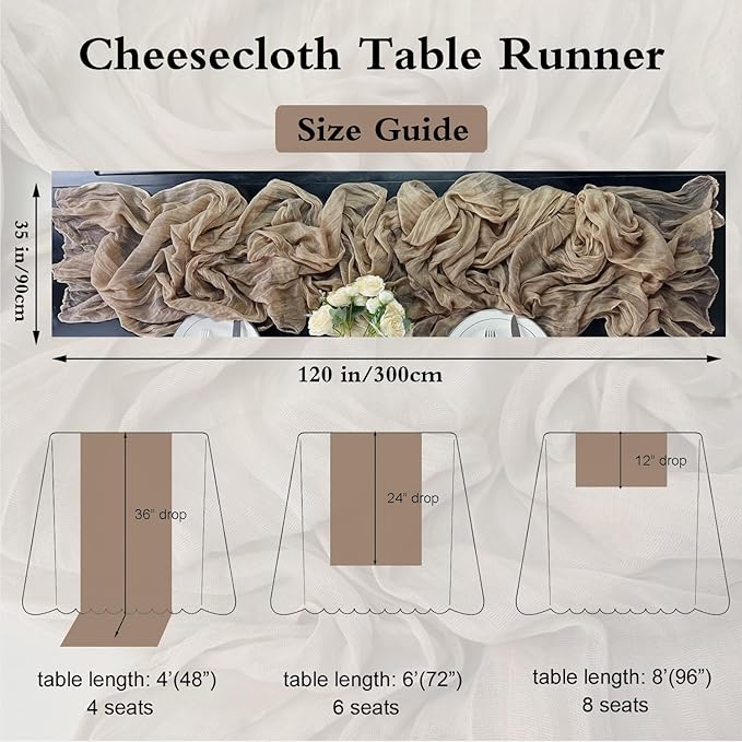 Booque Valley Nude Cheesecloth Table Runner 120 Inch 10ft Super Soft Boho Wrinkled Gauze Sheer Cloth for Baby Shower Birthday Bridal Shower Wedding Centerpiece Table Decoration, 3 Pack, Tan