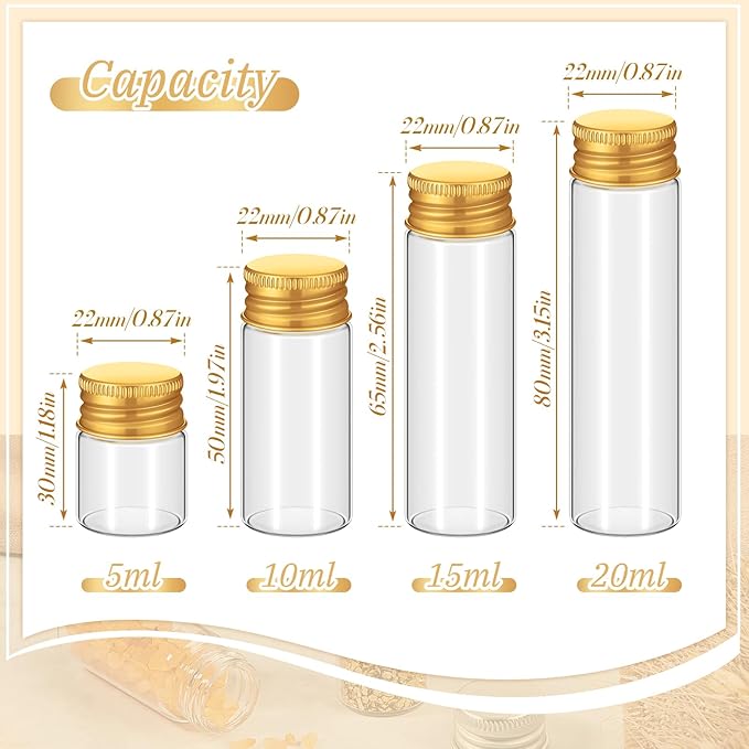 100 Pcs Small Clear Vials Spice Mini Jars with Lids Mini Glass Bottles with Screw Aluminum Metal Caps Tiny Jars Sample Containers for Powder Cream Cosmetic Jewelry Wedding (4 Size,Gold Caps)