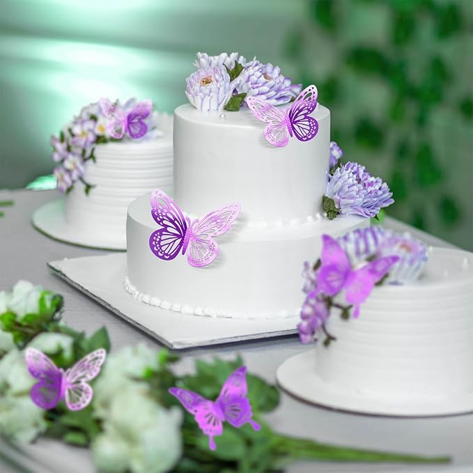 Purple Butterfly Decorations, 48Pcs 2 Styles 3 Sizes Butterflies for Grad Graduation Caps Cake Cupcake Toppers, 3D Paper Sticker for Bouquets Birthday Baby Shower Kids Girl Room Nursery Wall Decor