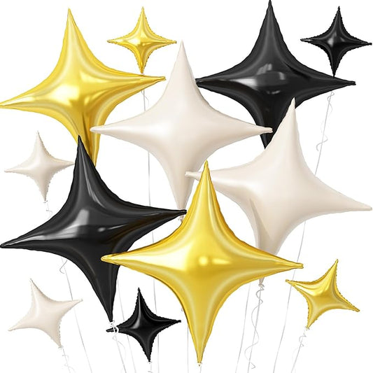 Black White Gold Star Balloons,12Pcs Four Angle Star Foil Balloons,26Inch and 10Inch Black Cream White Quadrangle Helium Balloon for Birthday Baby Shower Anniversary Party Decorations