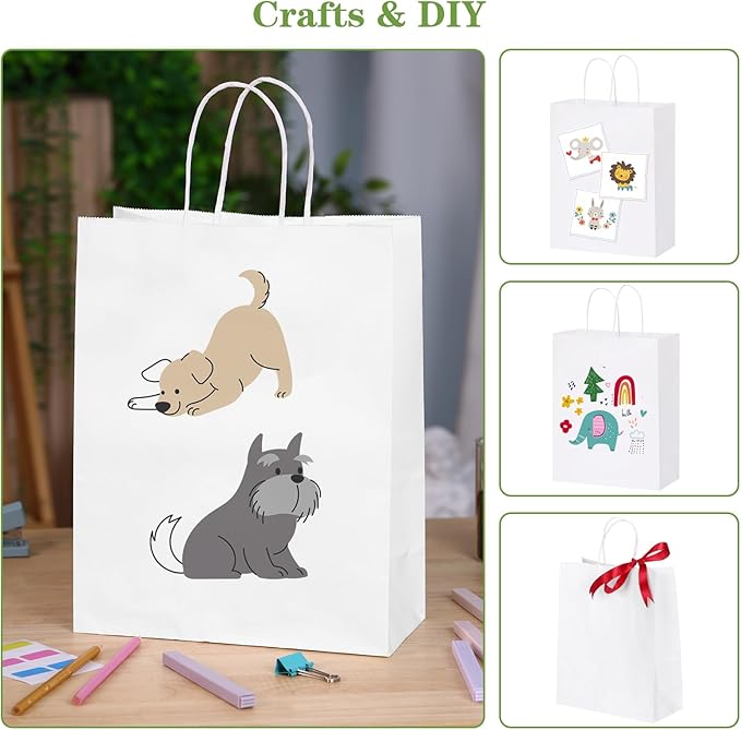 OUTUXED 100pcs White Paper Gift Bags 10x5x13in Kraft Large Paper Bags with Handles Bulk for Business, Shopping, Grocery, Retail, Birthday Wedding Party Favor, Merchandise