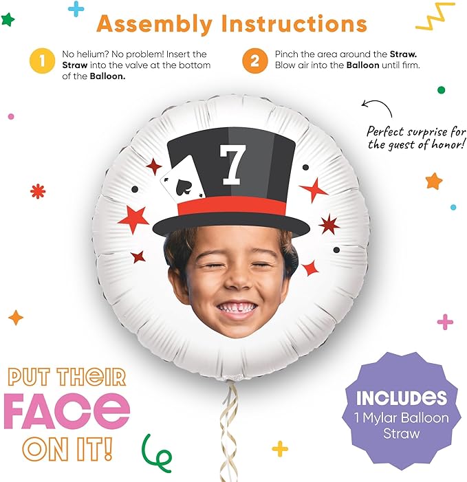 Big Dot of Happiness Personalized Magic Show Fun Face Photo Balloon, Kids Magical Birthday Party Decoration, Custom Age Double-Sided Circle Mylar, 1 Piece