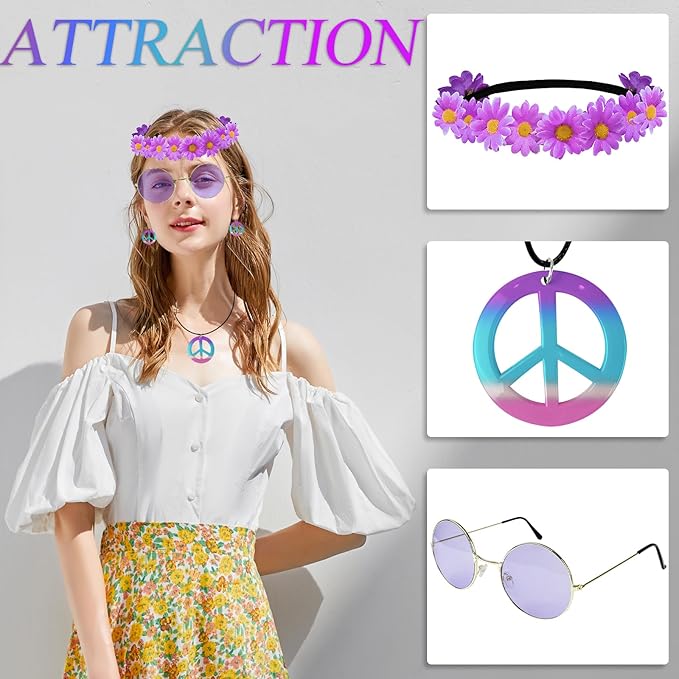 Hippie Costume Set Includes Peace Sign Necklace and Earring, Flower Crown Headband and Sunglasses 60s 70s Party Accessories