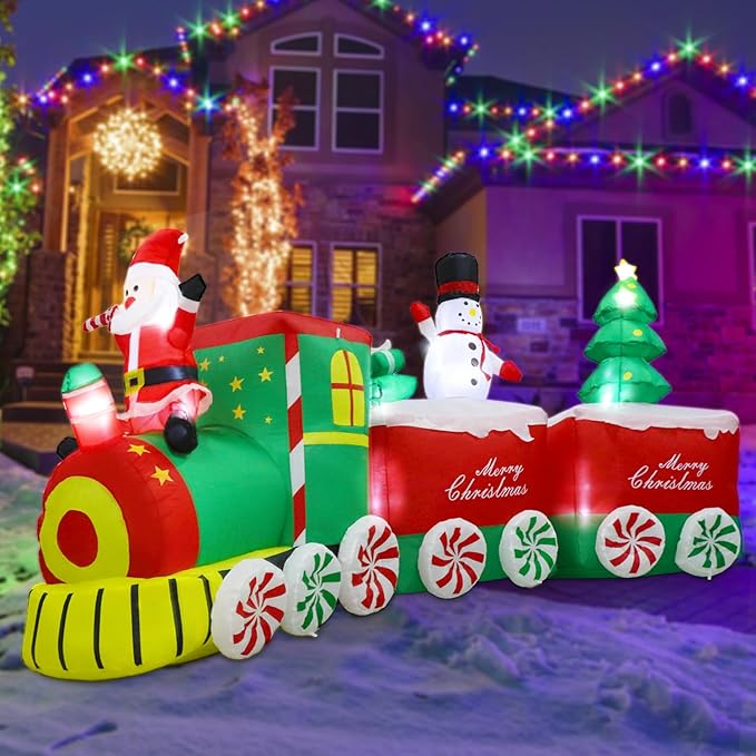 11 FT Christmas Inflatable Train Decoration with Santa Claus, Red & Green, Multicolor LED Lights, Weather Resistant