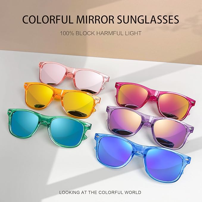 Pibupibu 10/20 Pack Neon Party Sunglasses Bulk,Wholesale Retro 80s Colorful Mirrrored Lens Sunglasses Party Favors
