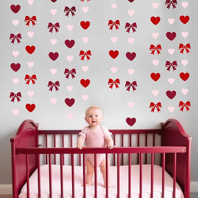 Heart Bow Decorations Burgundy Red Pink Heart Bow Hanging Garland Streamer for Anniversary Birthday Valentines Bachelorette Wedding Baby Shower Bridal Shower Engagement Hen Party Decorations Supplies